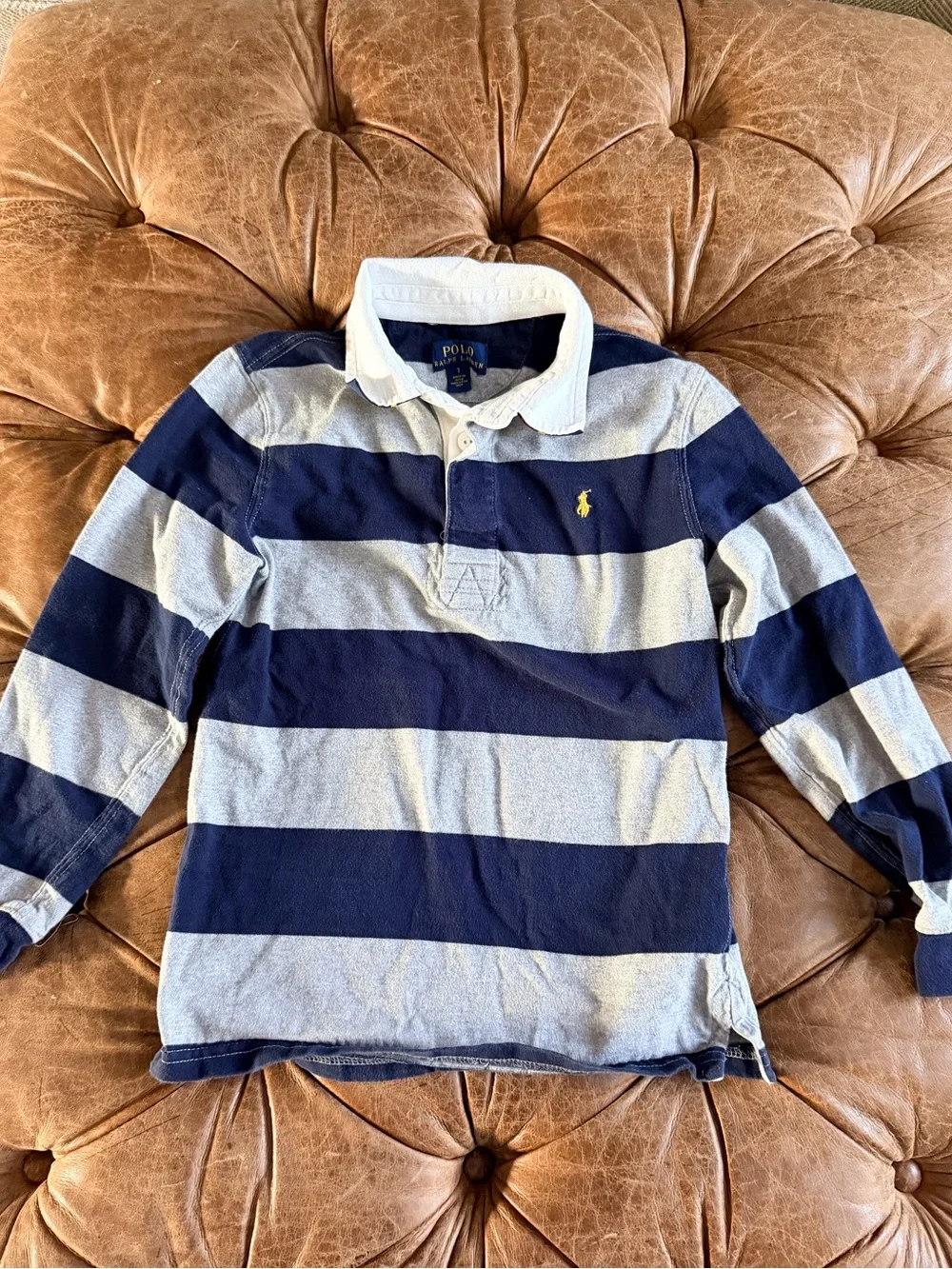 Polo Ralph Lauren Boys Rugby Shirt Size 7 Blue Gray Striped Long Sleeve Pony
